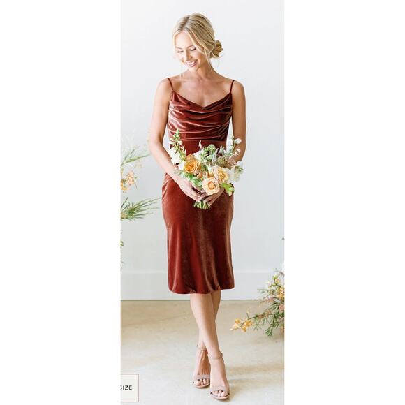 REVELRY Skye Velvet Cowl Neck Midi Dress in Terracotta Orange Red Size 12 - Picture 7 of 8